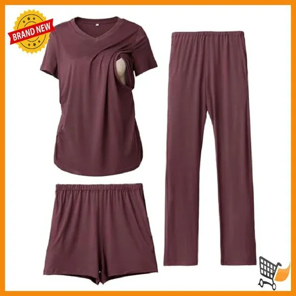 Maternity Nursing Pajama Set V-Neck Breastfeeding Sleepwear with Pockets